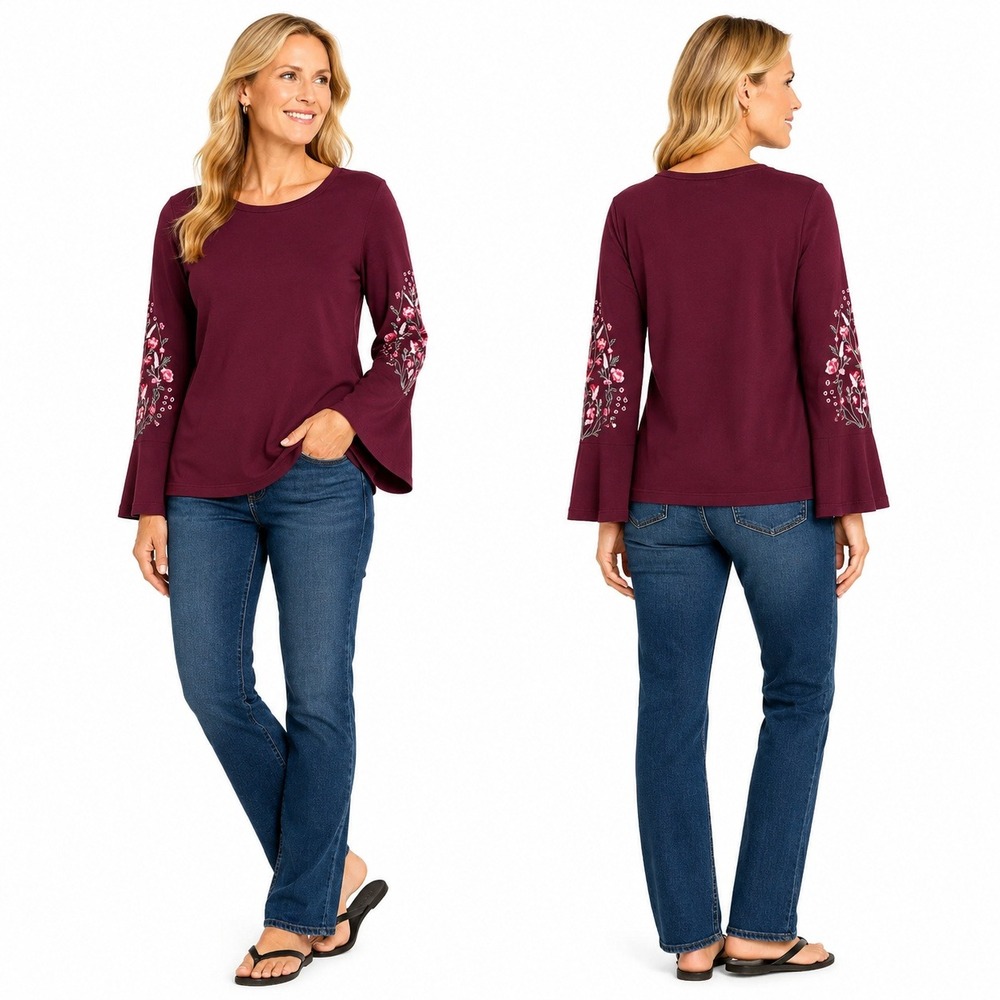 DG2 Top Women M Burgundy‎ Floral Embroidered Bell Sleeve Crew Neck Pullover